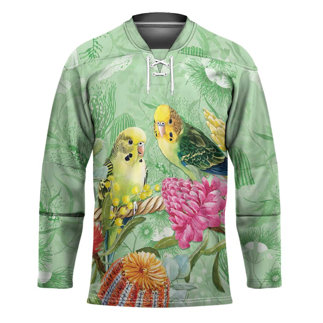 Birds and Floral Aussie Budgerigars Hockey Jersey Mint Opal - Aussie Hoodie
