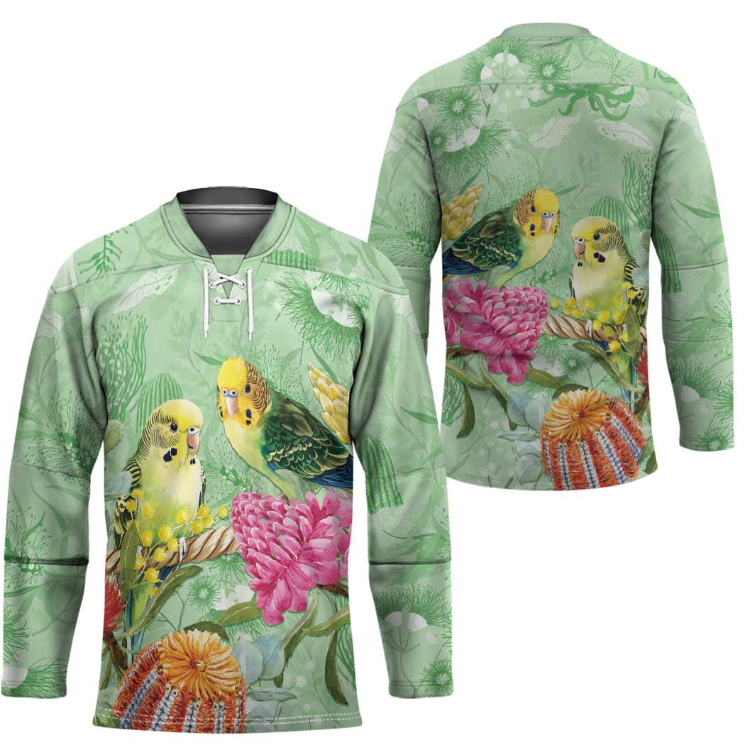 Birds and Floral Aussie Budgerigars Hockey Jersey Mint Opal - Aussie Hoodie