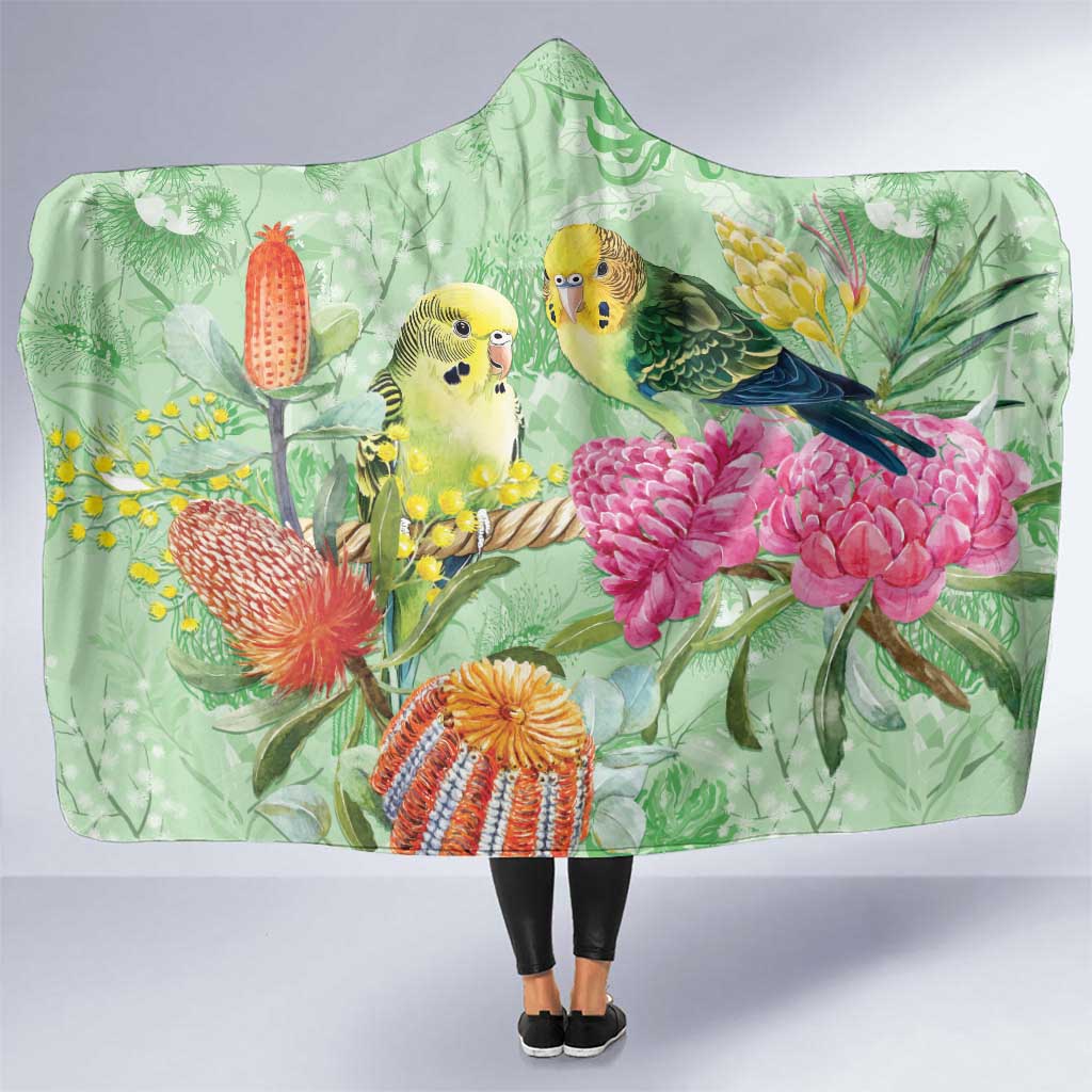 Birds and Floral Aussie Budgerigars Hooded Blanket Mint Opal - Aussie Hoodie