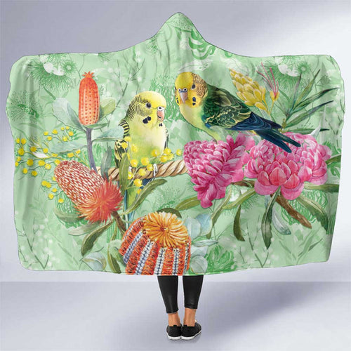Birds and Floral Aussie Budgerigars Hooded Blanket Mint Opal - Aussie Hoodie