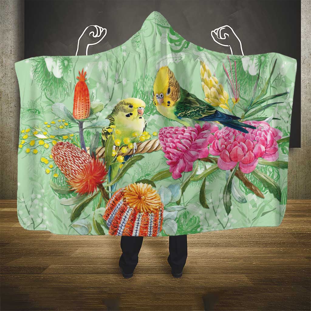 Birds and Floral Aussie Budgerigars Hooded Blanket Mint Opal - Aussie Hoodie