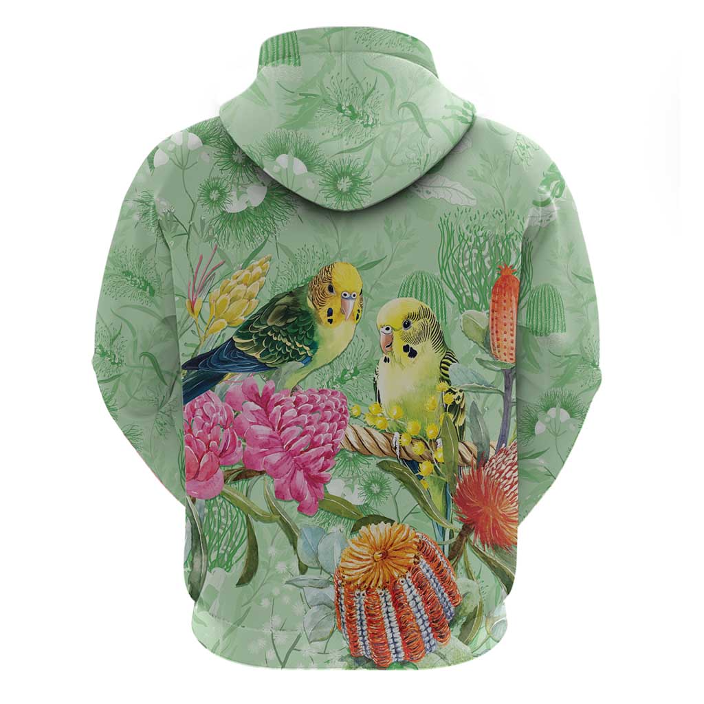 Birds and Floral Aussie Budgerigars Hoodie Mint Opal - Aussie Hoodie