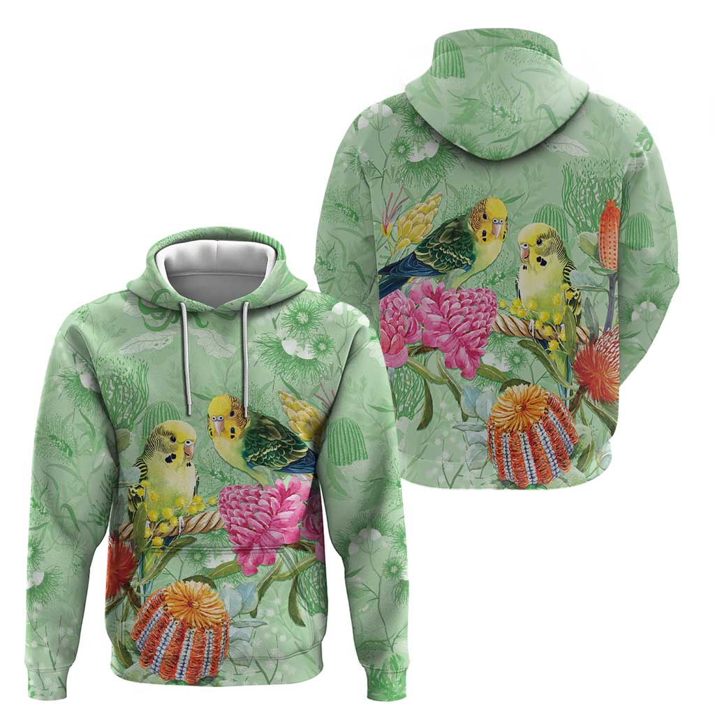Birds and Floral Aussie Budgerigars Hoodie Mint Opal - Aussie Hoodie