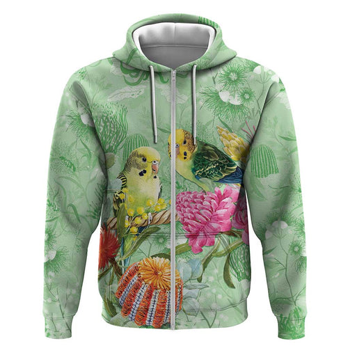 Birds and Floral Aussie Budgerigars Hoodie Mint Opal - Aussie Hoodie