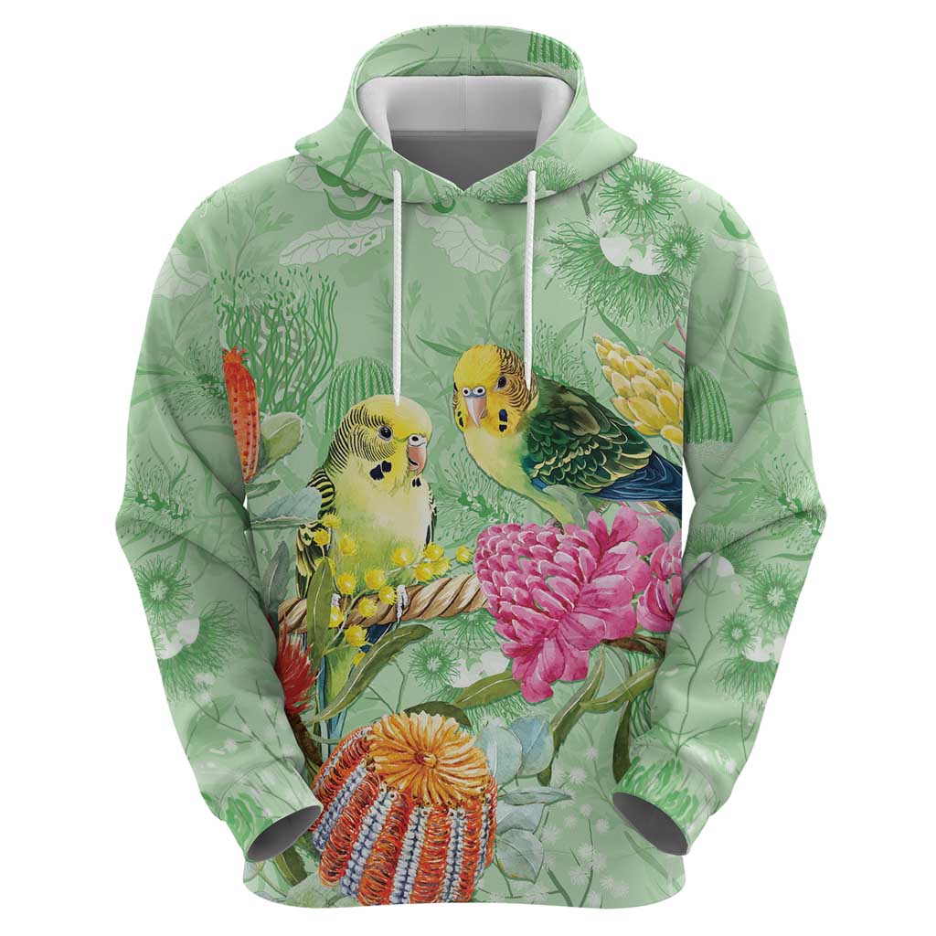 Birds and Floral Aussie Budgerigars Hoodie Mint Opal - Aussie Hoodie