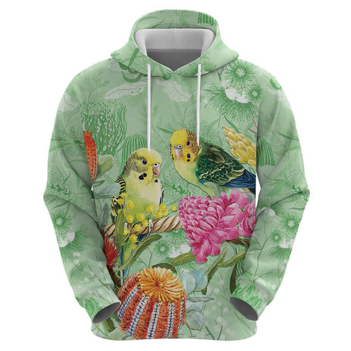 Birds and Floral Aussie Budgerigars Hoodie Mint Opal - Aussie Hoodie