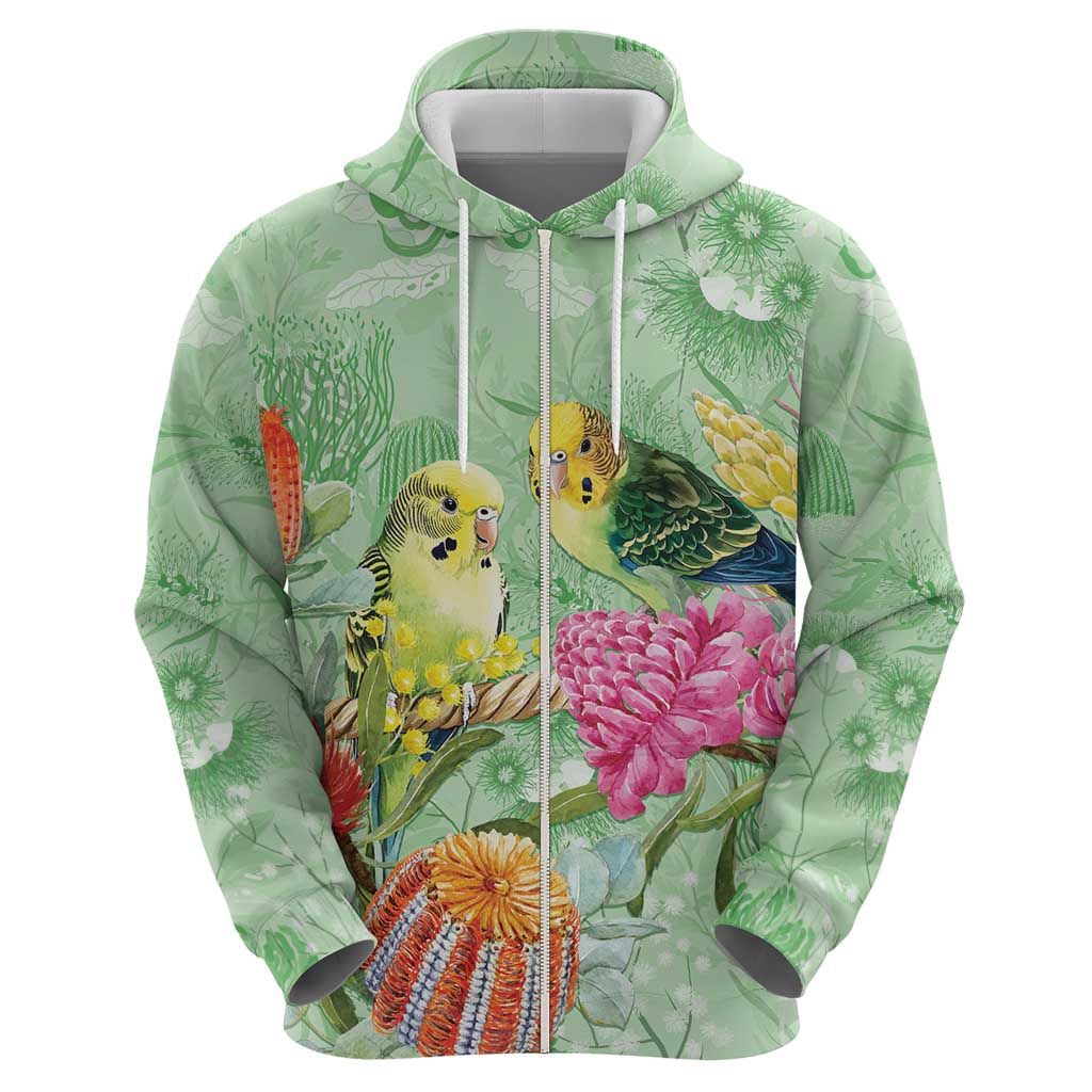 Birds and Floral Aussie Budgerigars Hoodie Mint Opal - Aussie Hoodie