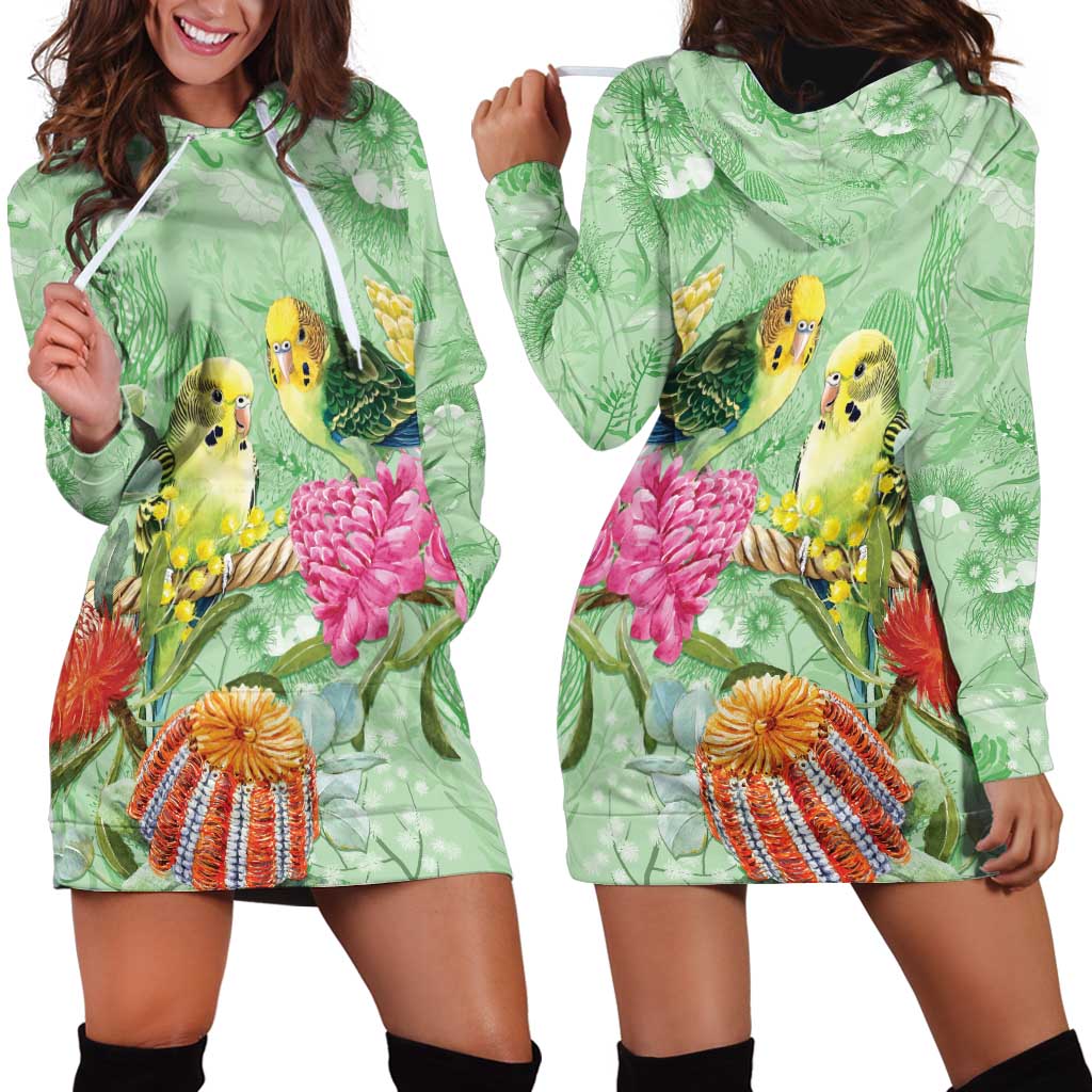 Birds and Floral Aussie Budgerigars Hoodie Dress Mint Opal - Aussie Hoodie