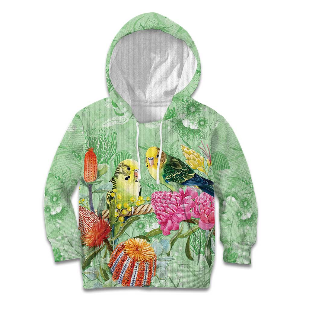 Birds and Floral Aussie Budgerigars Kid Hoodie Mint Opal - Aussie Hoodie
