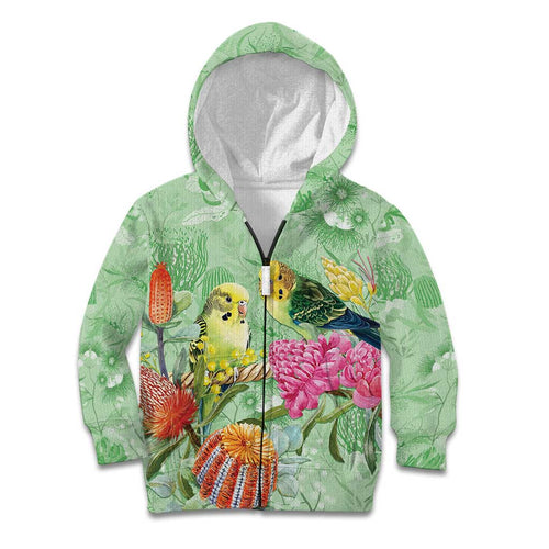 Birds and Floral Aussie Budgerigars Kid Hoodie Mint Opal - Aussie Hoodie