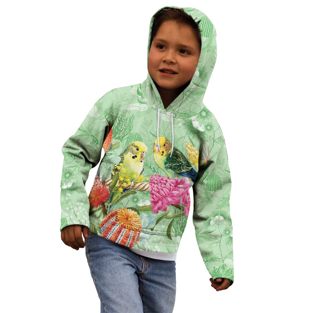 Birds and Floral Aussie Budgerigars Kid Hoodie Mint Opal - Aussie Hoodie