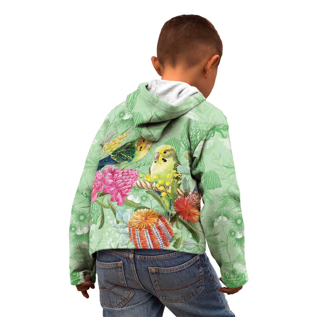 Birds and Floral Aussie Budgerigars Kid Hoodie Mint Opal - Aussie Hoodie