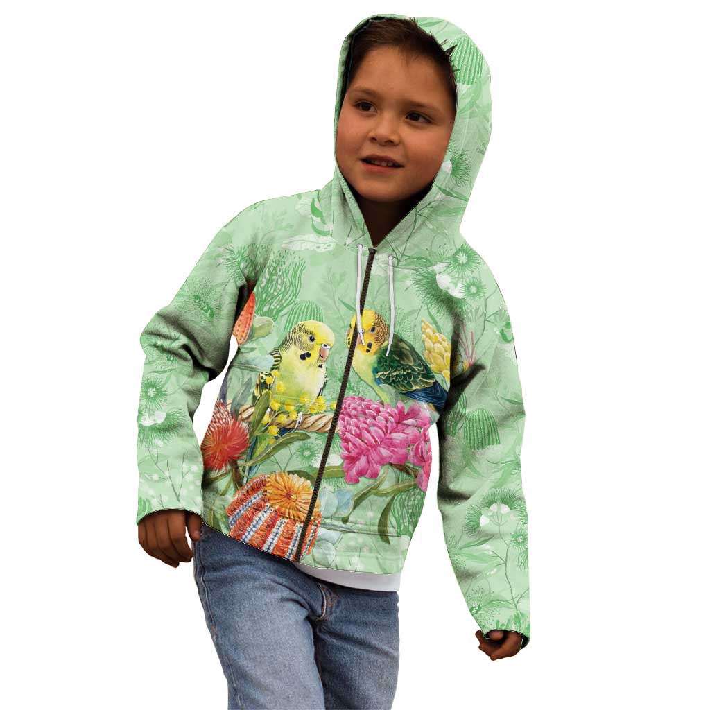 Birds and Floral Aussie Budgerigars Kid Hoodie Mint Opal - Aussie Hoodie