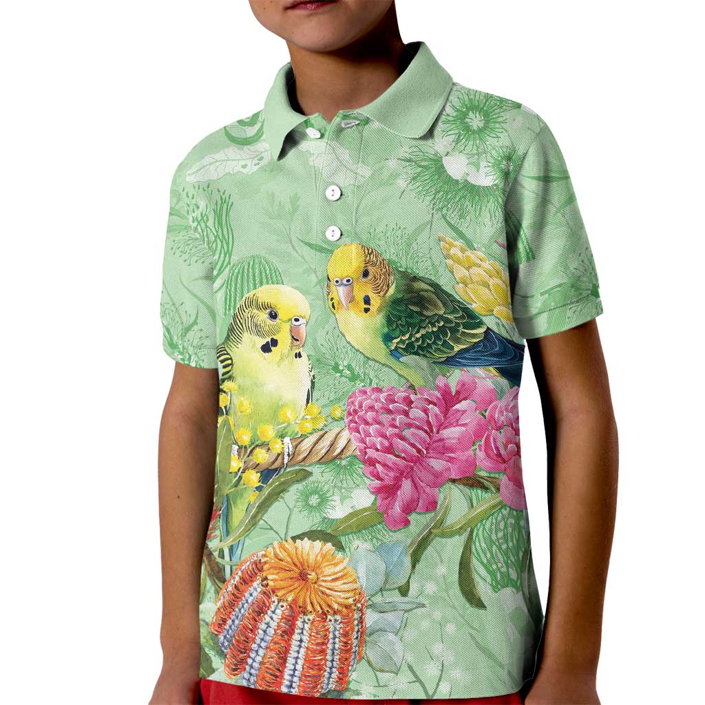 Birds and Floral Aussie Budgerigars Kid Polo Shirt Mint Opal - Aussie Hoodie