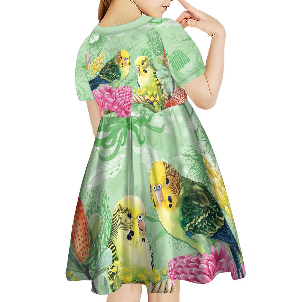 Birds and Floral Aussie Budgerigars Kid Short Sleeve Dress Mint Opal - Aussie Hoodie