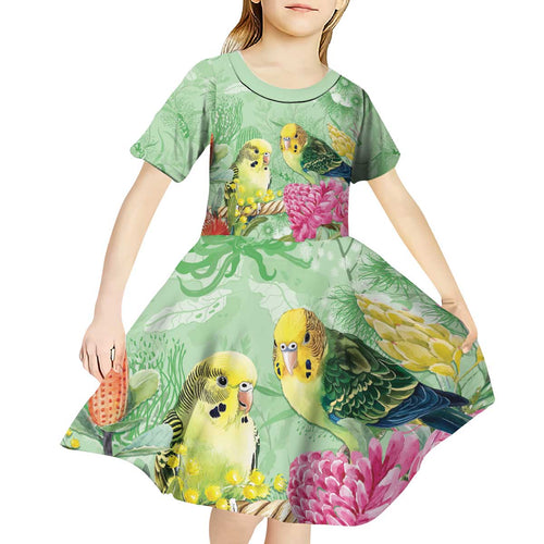 Birds and Floral Aussie Budgerigars Kid Short Sleeve Dress Mint Opal - Aussie Hoodie