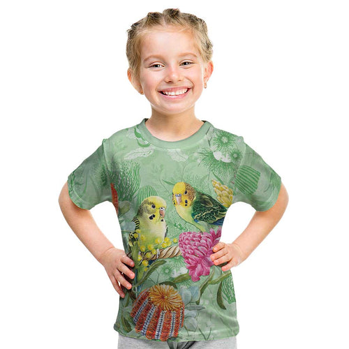 Birds and Floral Aussie Budgerigars Kid T Shirt Mint Opal - Aussie Hoodie