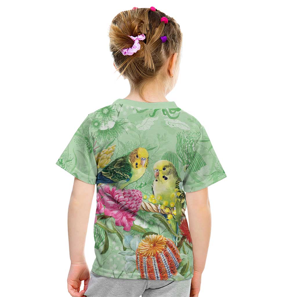 Birds and Floral Aussie Budgerigars Kid T Shirt Mint Opal - Aussie Hoodie