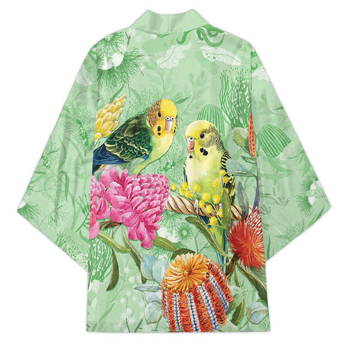 Birds and Floral Aussie Budgerigars Kimono Mint Opal - Aussie Hoodie