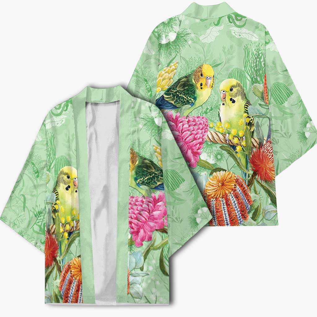 Birds and Floral Aussie Budgerigars Kimono Mint Opal - Aussie Hoodie