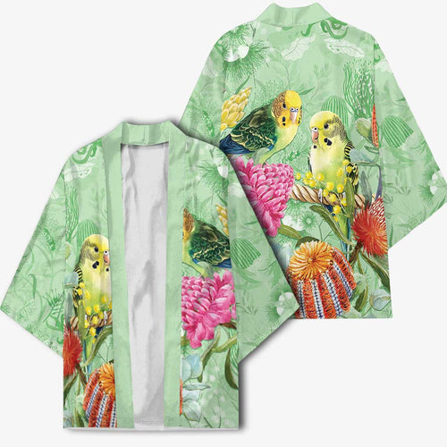 Birds and Floral Aussie Budgerigars Kimono Mint Opal - Aussie Hoodie