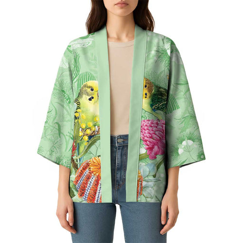 Birds and Floral Aussie Budgerigars Kimono Mint Opal - Aussie Hoodie