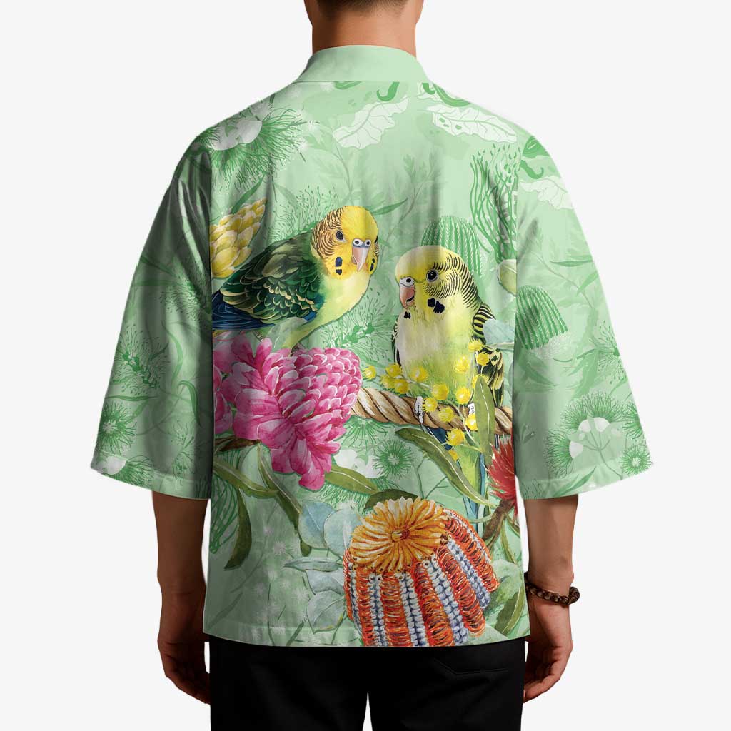 Birds and Floral Aussie Budgerigars Kimono Mint Opal - Aussie Hoodie