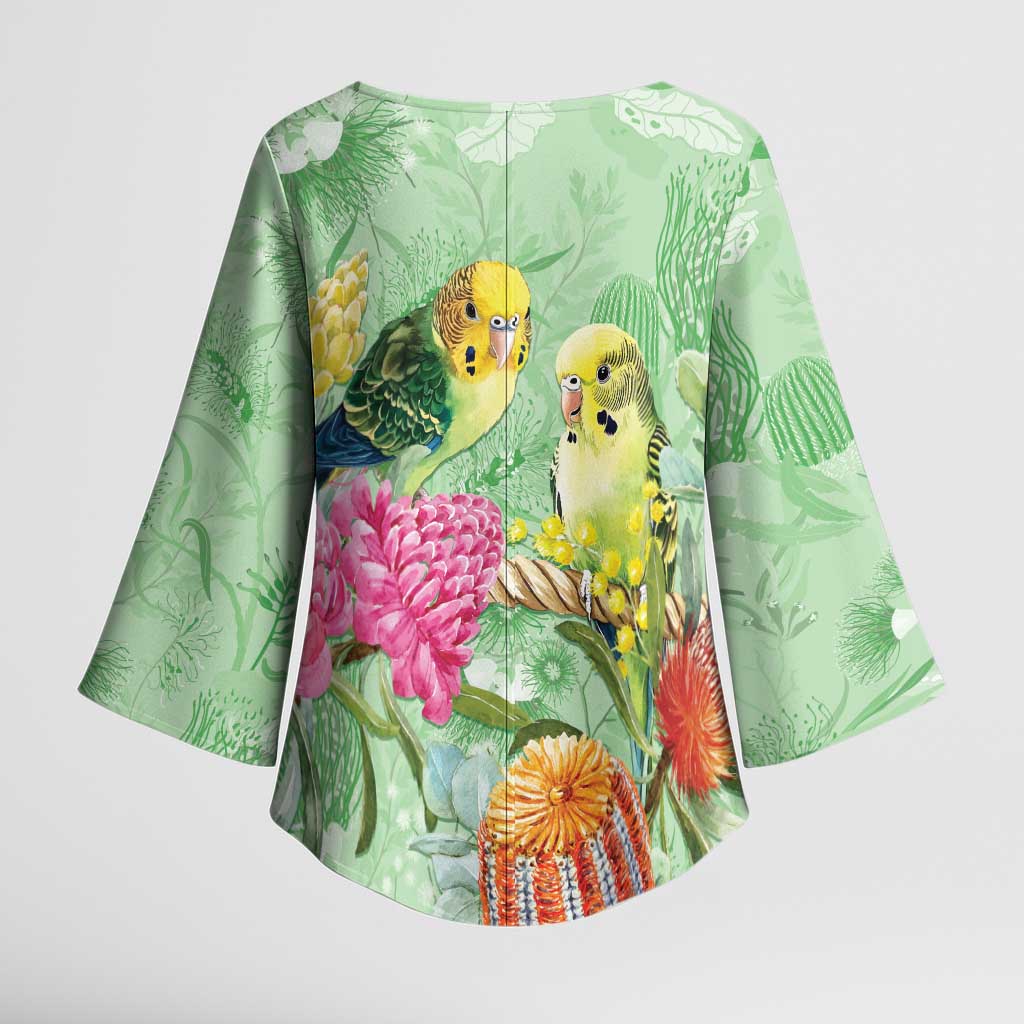 Birds and Floral Aussie Budgerigars Kimono Sleeve Blouse Mint Opal - Aussie Hoodie