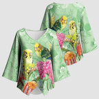 Birds and Floral Aussie Budgerigars Kimono Sleeve Blouse Mint Opal - Aussie Hoodie