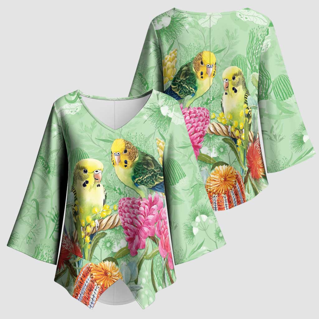 Birds and Floral Aussie Budgerigars Kimono Sleeve Blouse Mint Opal - Aussie Hoodie