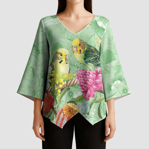 Birds and Floral Aussie Budgerigars Kimono Sleeve Blouse Mint Opal - Aussie Hoodie