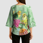 Birds and Floral Aussie Budgerigars Kimono Sleeve Blouse Mint Opal - Aussie Hoodie