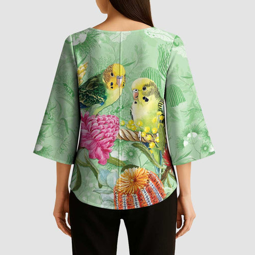 Birds and Floral Aussie Budgerigars Kimono Sleeve Blouse Mint Opal - Aussie Hoodie