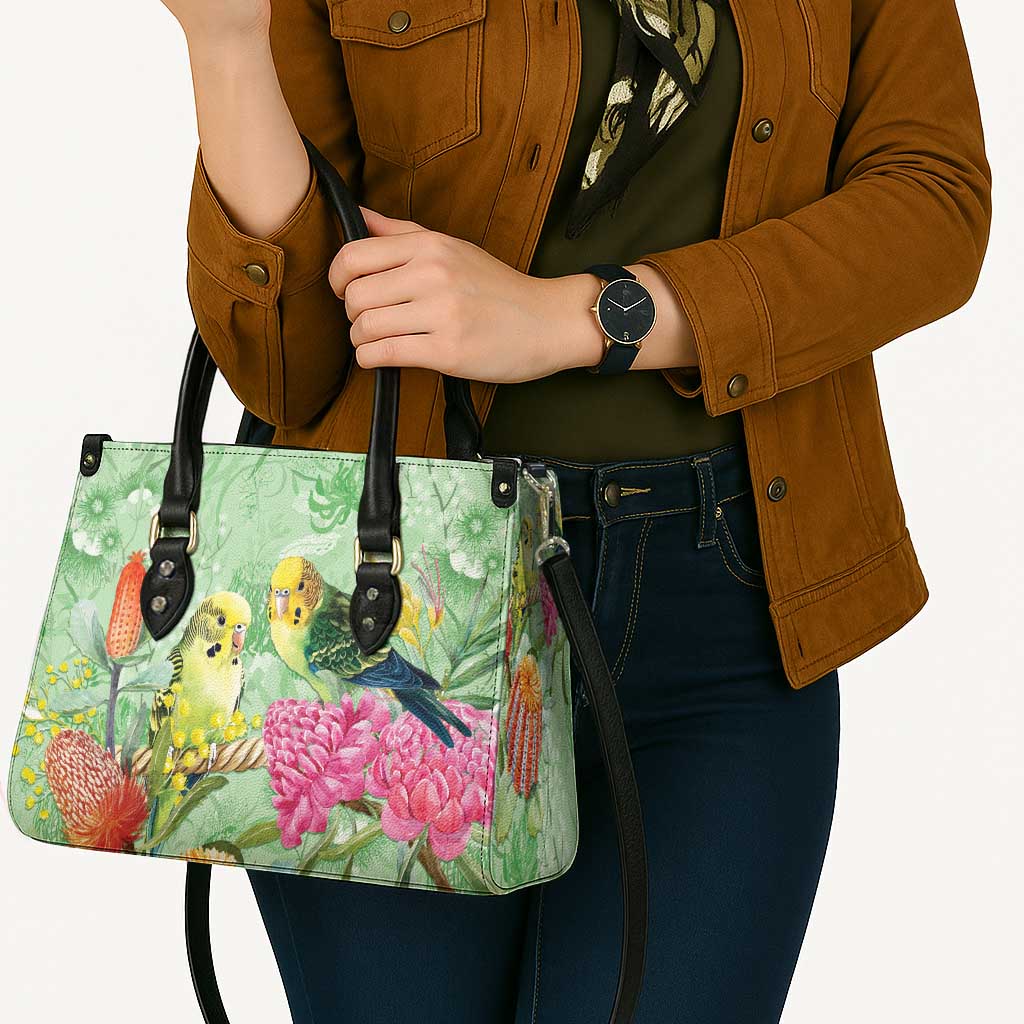 Birds and Floral Aussie Budgerigars Leather Bag Mint Opal - Aussie Hoodie