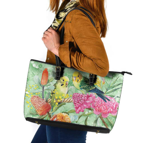 Birds and Floral Aussie Budgerigars Leather Tote Bag Mint Opal - Aussie Hoodie