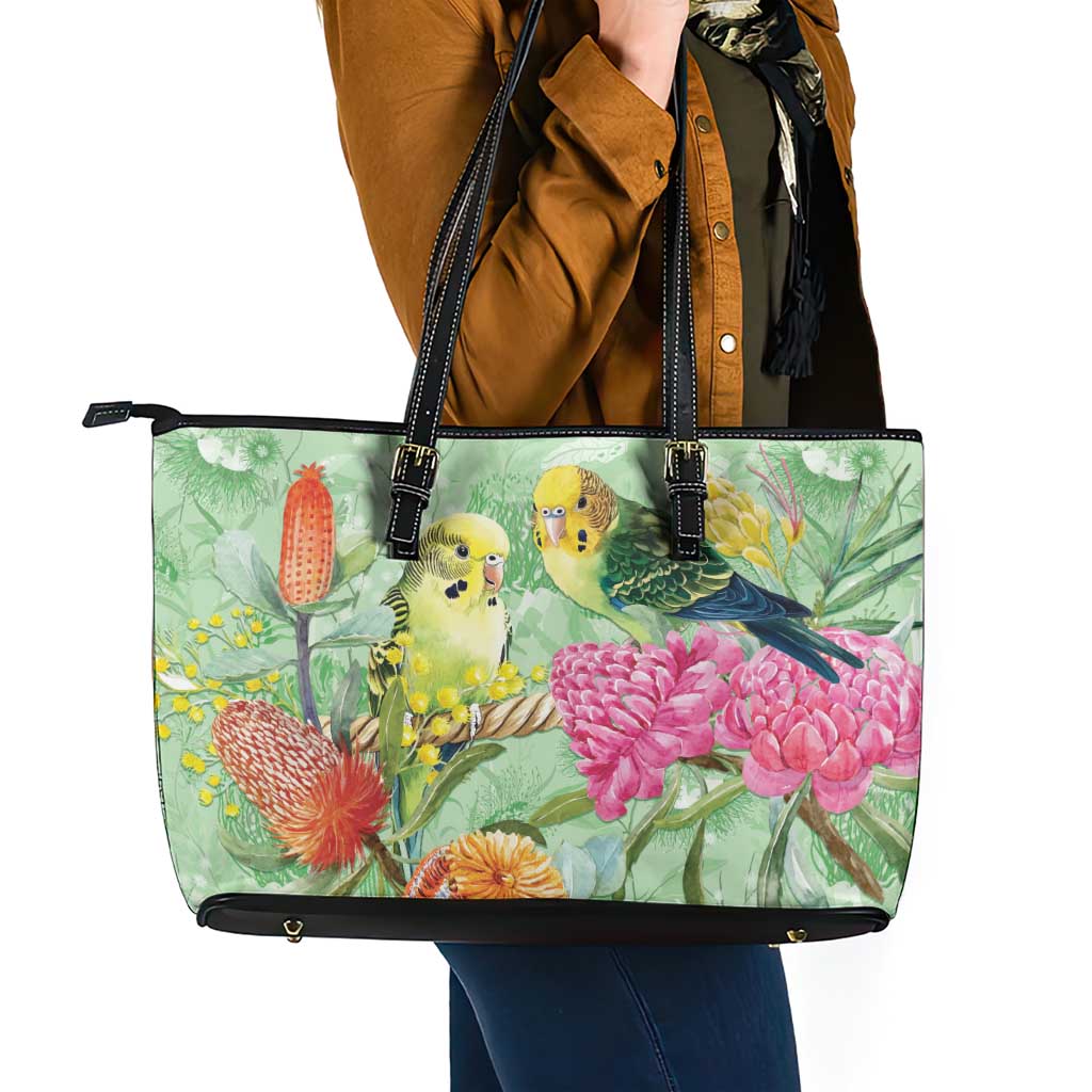 Birds and Floral Aussie Budgerigars Leather Tote Bag Mint Opal - Aussie Hoodie