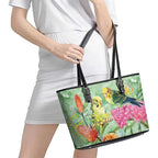 Birds and Floral Aussie Budgerigars Leather Tote Bag Mint Opal - Aussie Hoodie