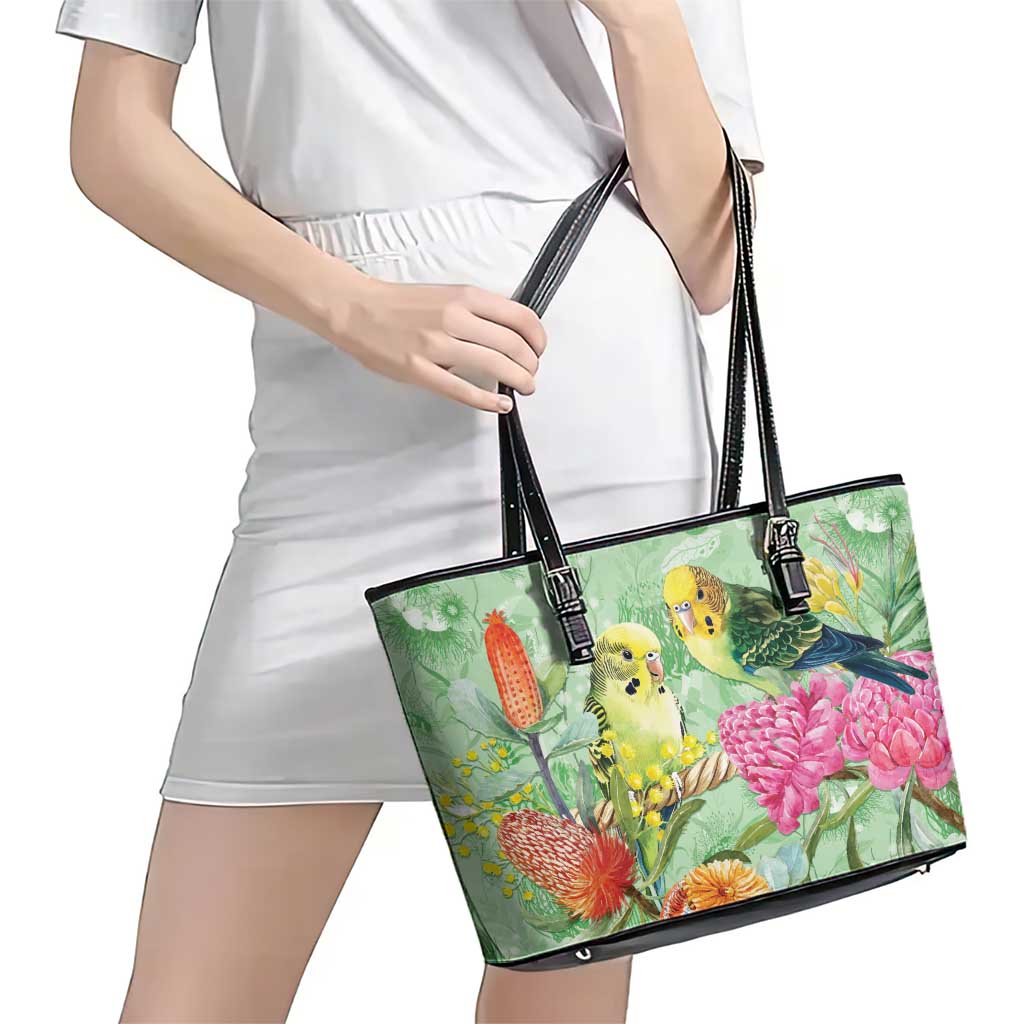 Birds and Floral Aussie Budgerigars Leather Tote Bag Mint Opal - Aussie Hoodie