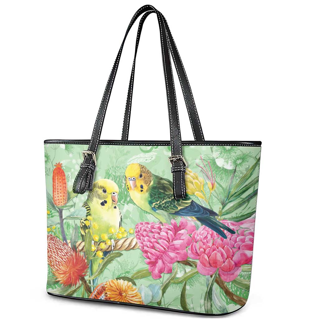 Birds and Floral Aussie Budgerigars Leather Tote Bag Mint Opal - Aussie Hoodie