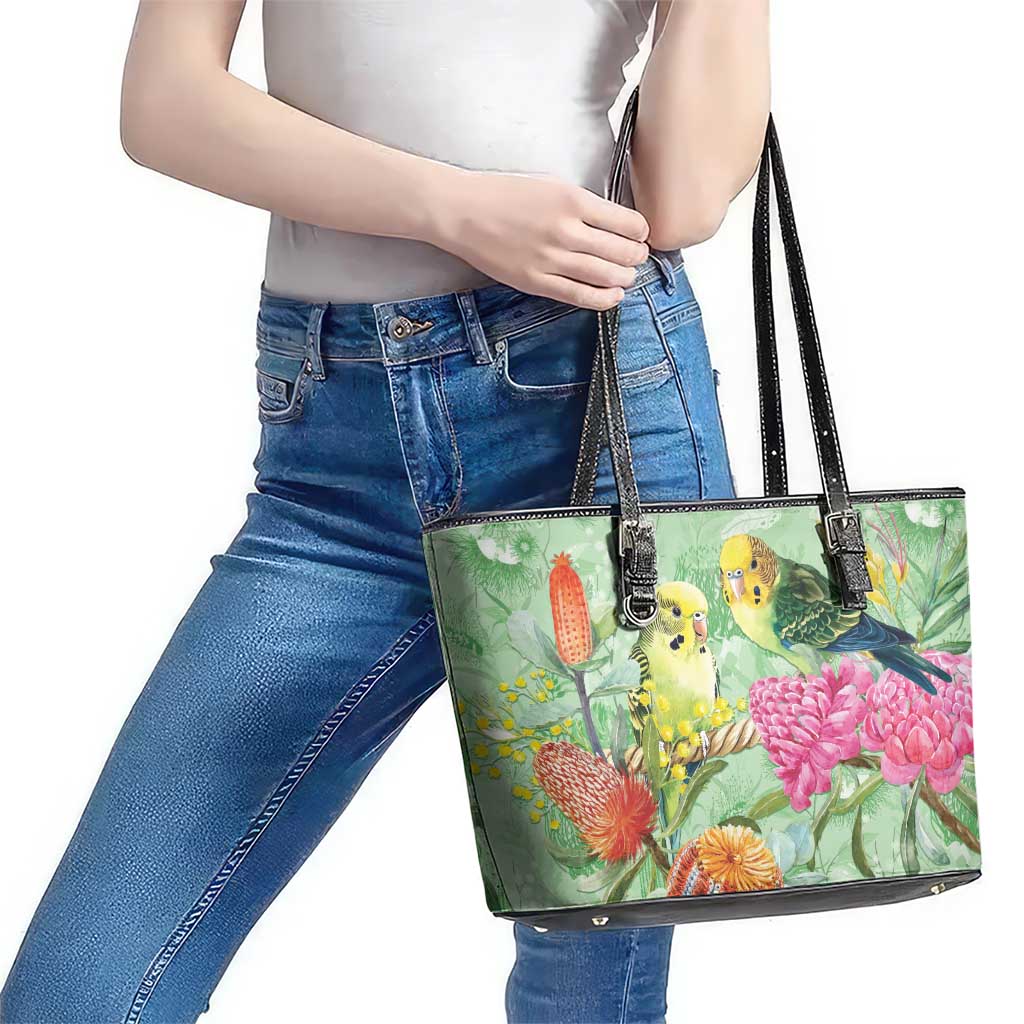 Birds and Floral Aussie Budgerigars Leather Tote Bag Mint Opal - Aussie Hoodie