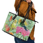 Birds and Floral Aussie Budgerigars Leather Tote Bag Mint Opal - Aussie Hoodie