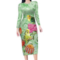 Birds and Floral Aussie Budgerigars Long Sleeve Bodycon Dress Mint Opal - Aussie Hoodie
