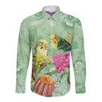 Birds and Floral Aussie Budgerigars Long Sleeve Button Shirt Mint Opal - Aussie Hoodie