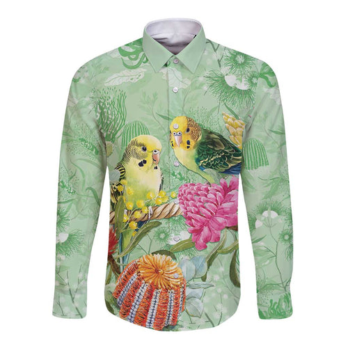 Birds and Floral Aussie Budgerigars Long Sleeve Button Shirt Mint Opal - Aussie Hoodie