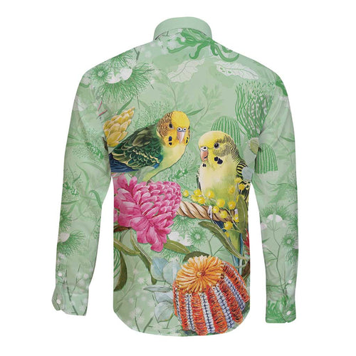 Birds and Floral Aussie Budgerigars Long Sleeve Button Shirt Mint Opal - Aussie Hoodie