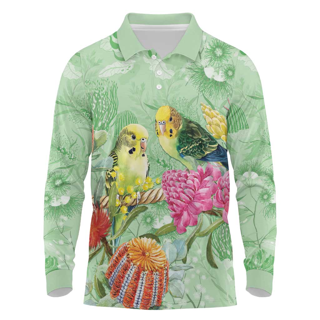 Birds and Floral Aussie Budgerigars Long Sleeve Polo Shirt Mint Opal - Aussie Hoodie