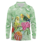 Birds and Floral Aussie Budgerigars Long Sleeve Polo Shirt Mint Opal - Aussie Hoodie