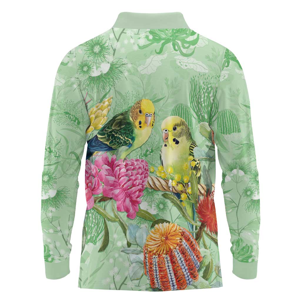 Birds and Floral Aussie Budgerigars Long Sleeve Polo Shirt Mint Opal - Aussie Hoodie