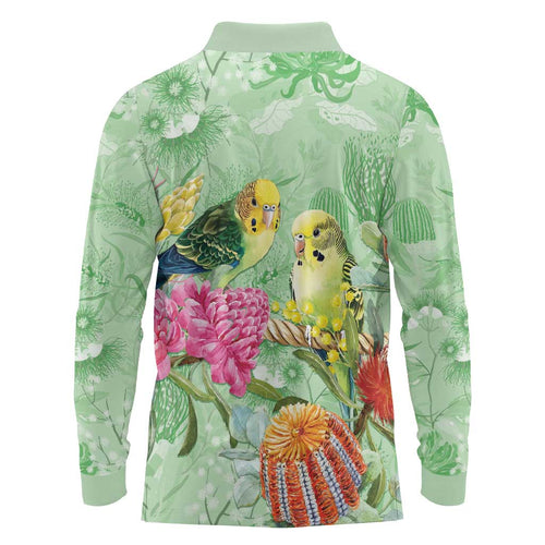 Birds and Floral Aussie Budgerigars Long Sleeve Polo Shirt Mint Opal - Aussie Hoodie