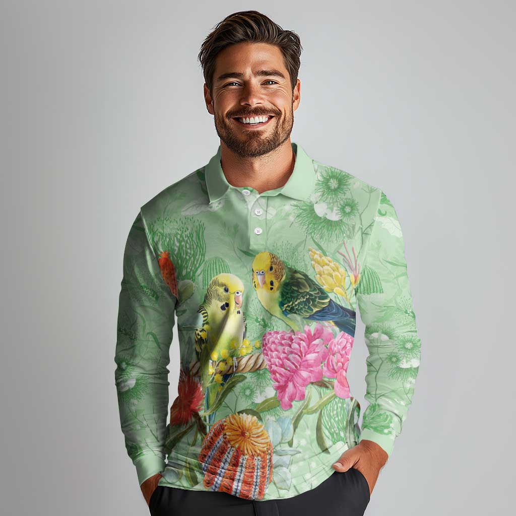 Birds and Floral Aussie Budgerigars Long Sleeve Polo Shirt Mint Opal - Aussie Hoodie